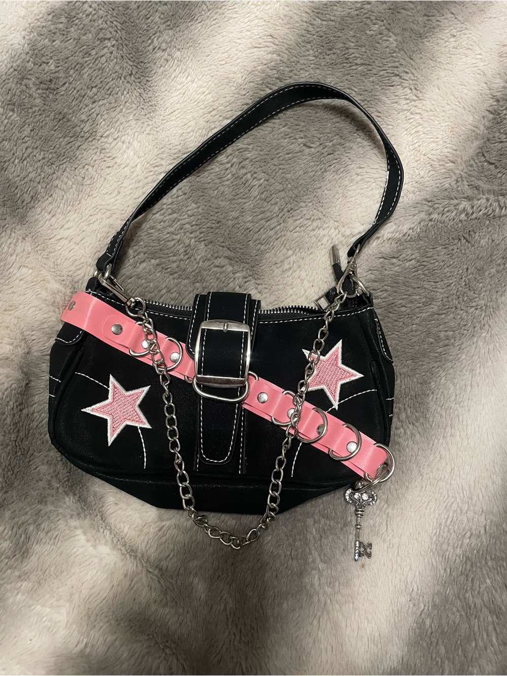 Women’s Black Shoulder Bag with Pink Star Accents